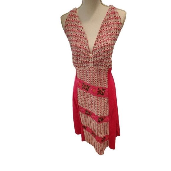 Vintage 90s Vibrant Pink Halter Floral Embroidered Maxi Dress XS Boho Chic - Picture 1 of 8